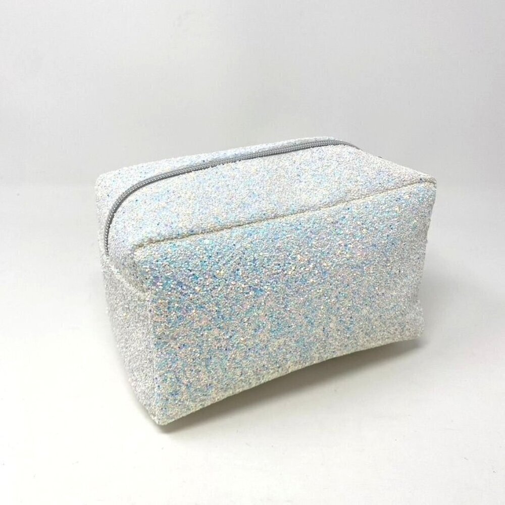 Old Navy White Iridescent Glitter Sparkly Cosmetic Zip Bag Holiday NWT